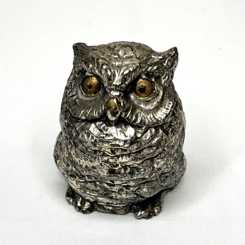 Vintage Italian Pewter Peltro Owl Paperweight Figurine 2" Gold Eyes Desk Decor